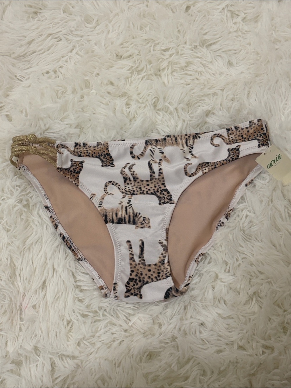 LOW RISE aerie Leopard Print Bikini Bottoms in White and Tan with Gold Straps